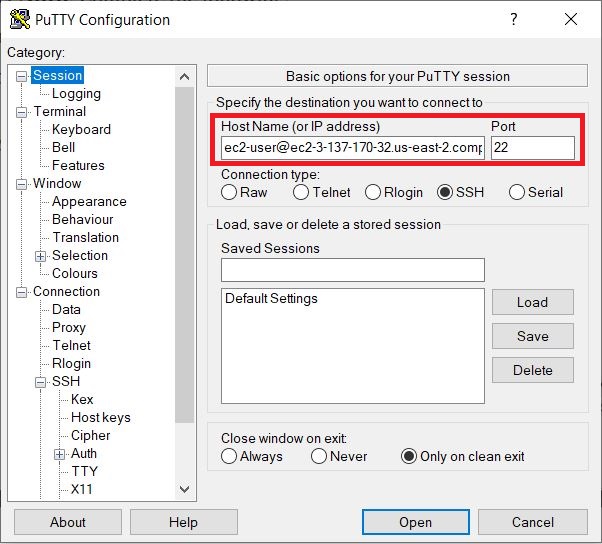 Amazon EC2 PuTTY selection